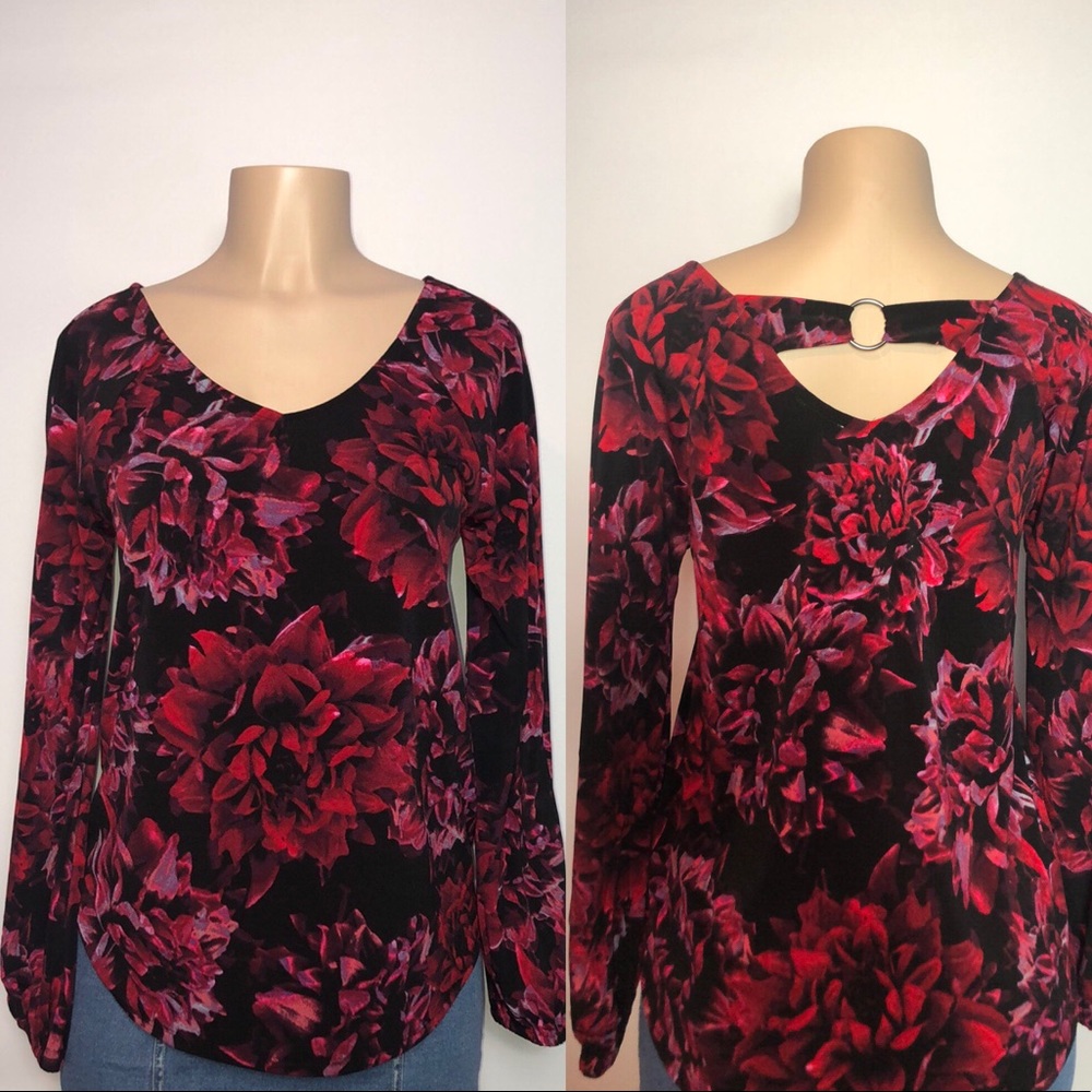 Cupio Black & Red Floral Long Sleeve Blouse
